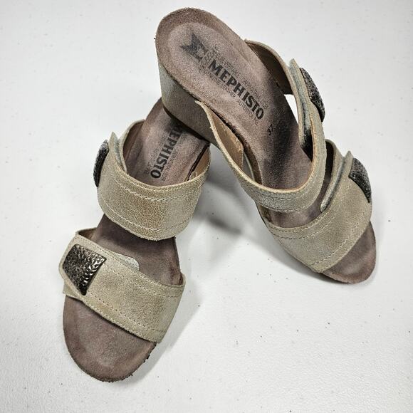 Mephisto Taupe Double Strap Wedge Heel Slides Size EU 37/ US 7 - Picture 1 of 12